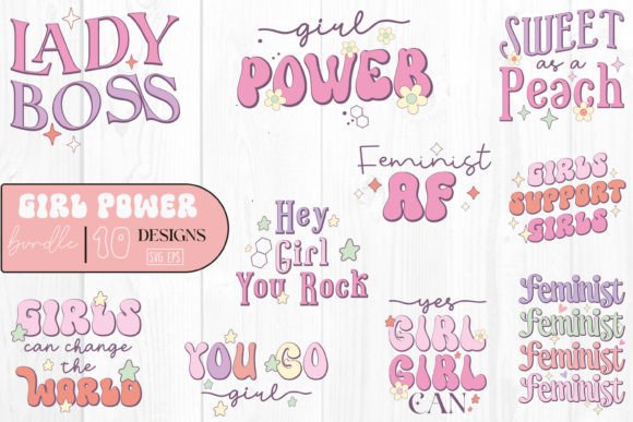Girl Power Quote SVG Design Bundle Retro for Crafts & Graphics
